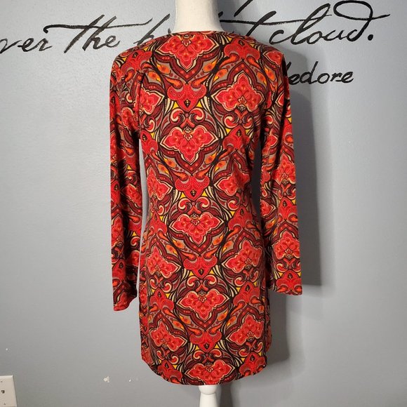 Aryeh 60s Retro Orange Patterned A-Line Dress, S - Picture 3 of 7